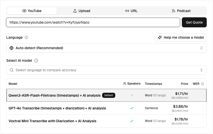 transcribe.so — pasting a YouTube link and picking a speech-to-text model