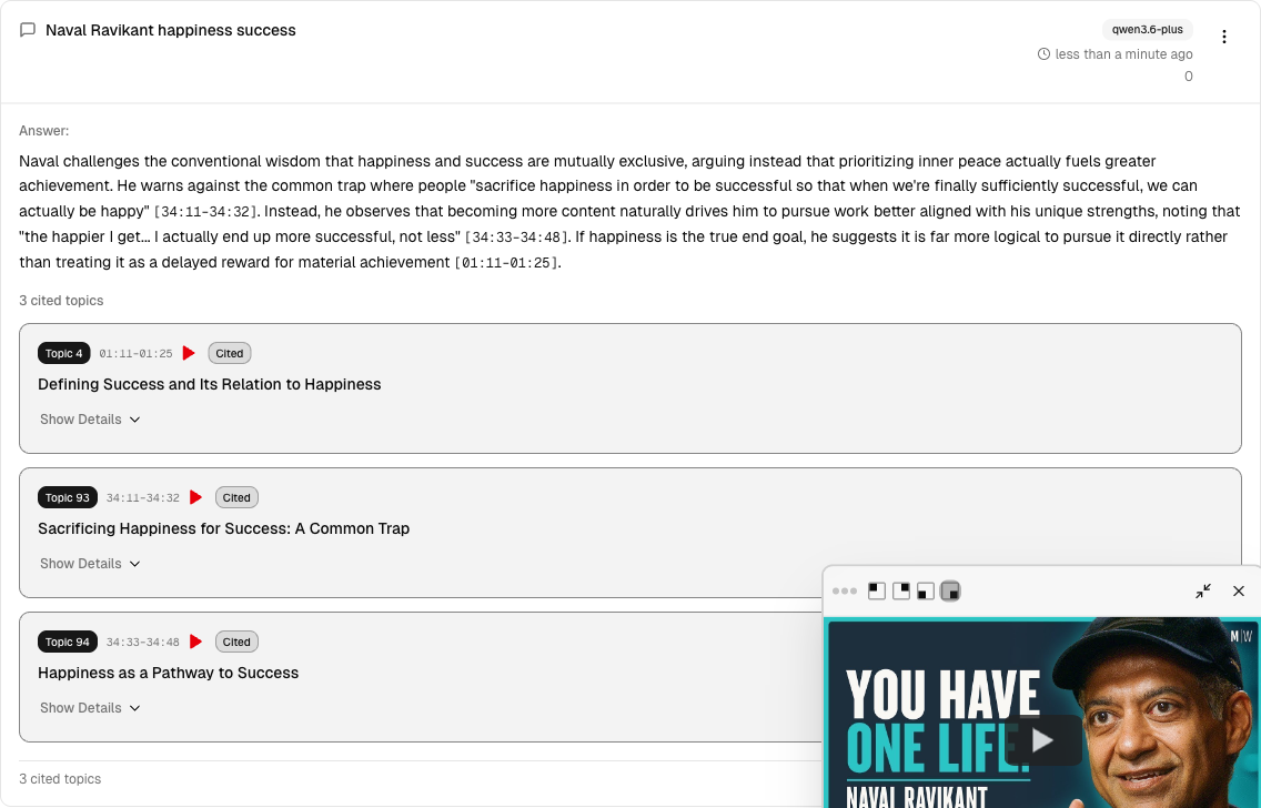 transcribe.so — AI Q&A answer with inline timestamp citations