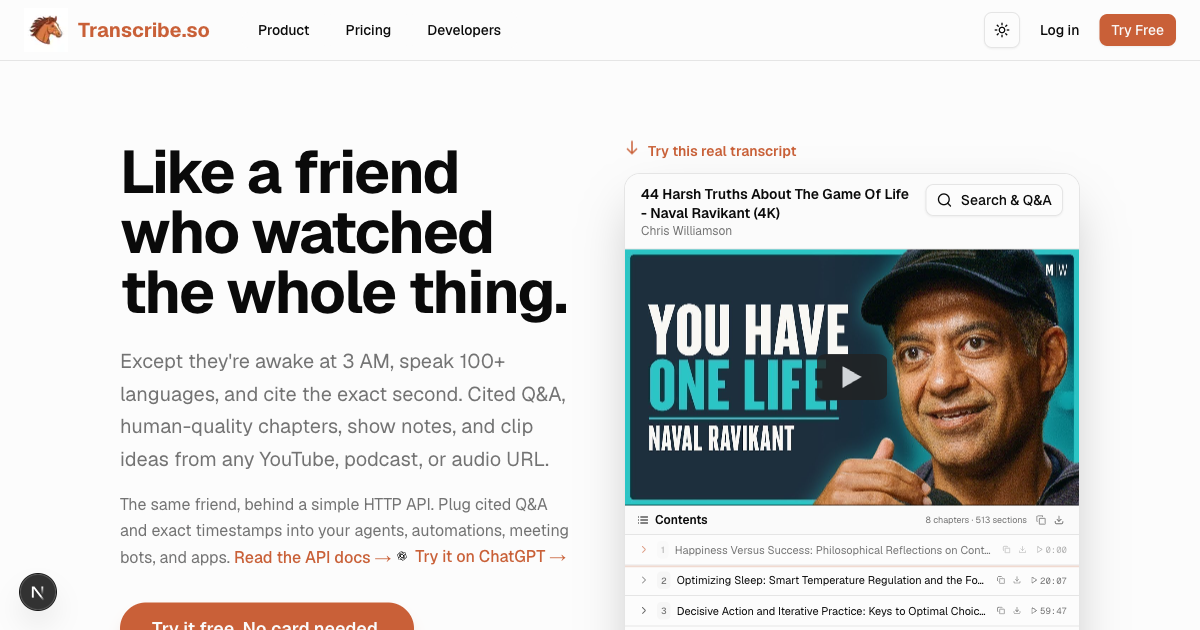 transcribe.so homepage — the flagship product built and operated by sunmoon.dev